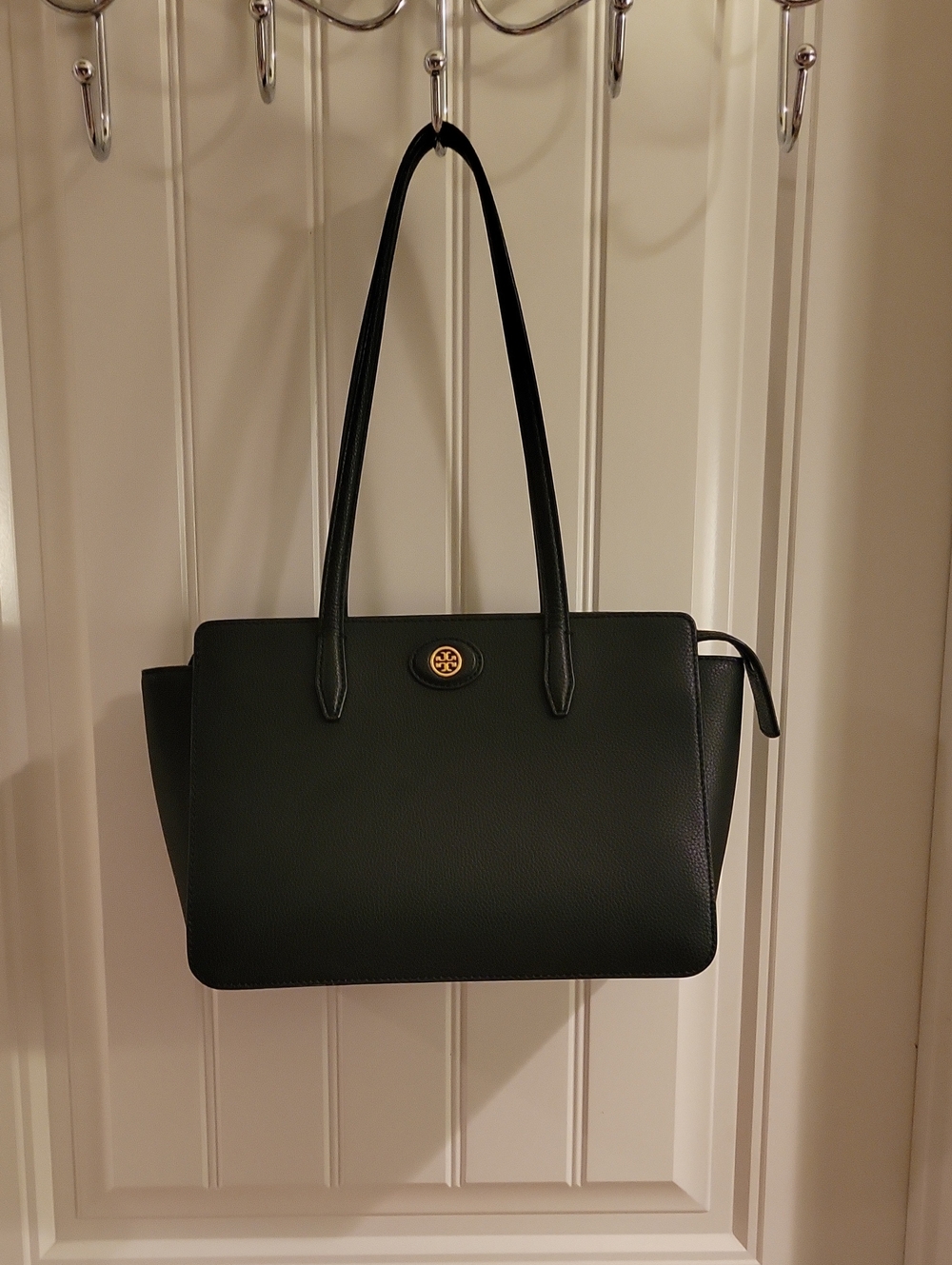 Tory Burch Black Leather Tote with Gold Logo Medallion